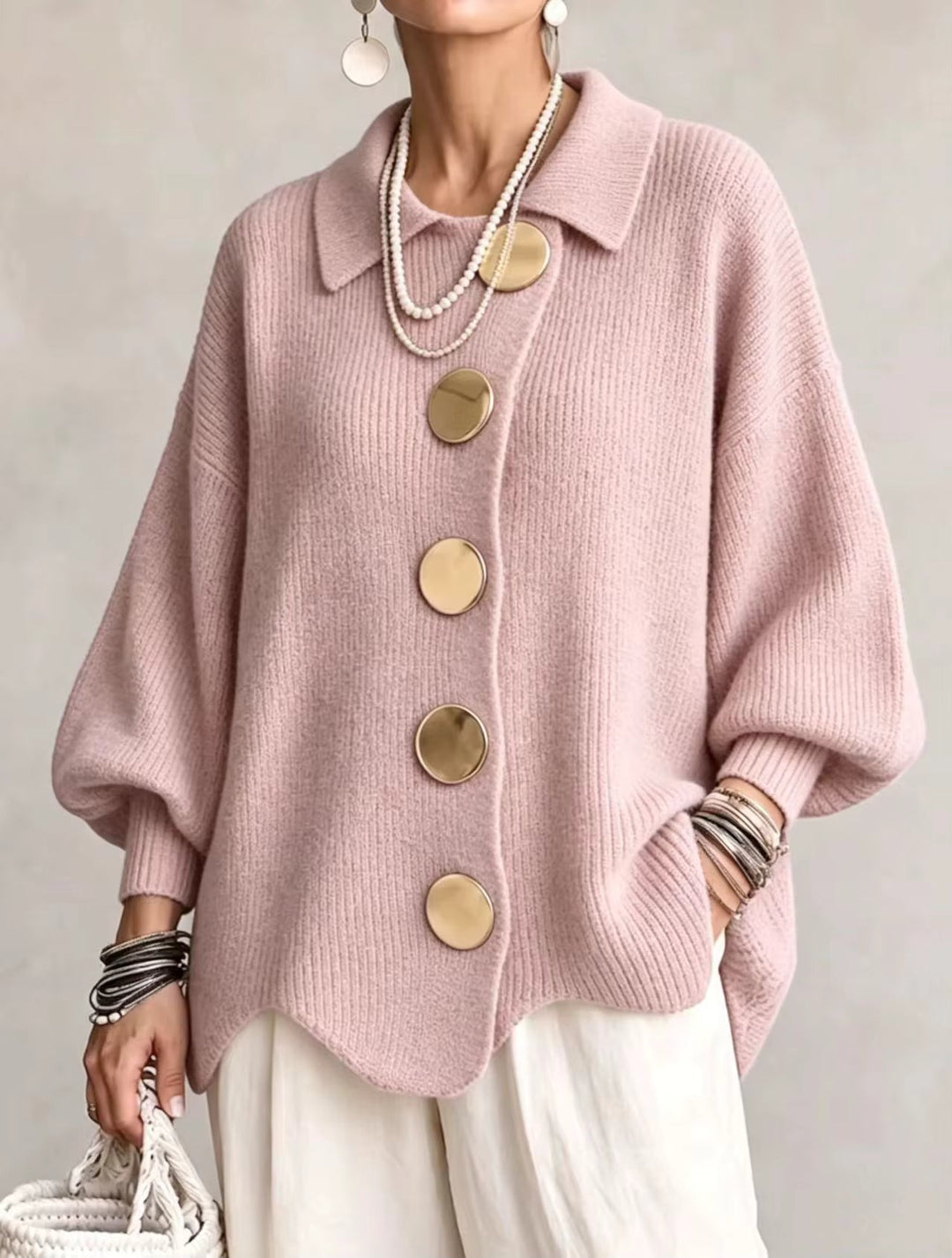 Elegante Dames Trui in Oversized Snit met Knopen in Roze