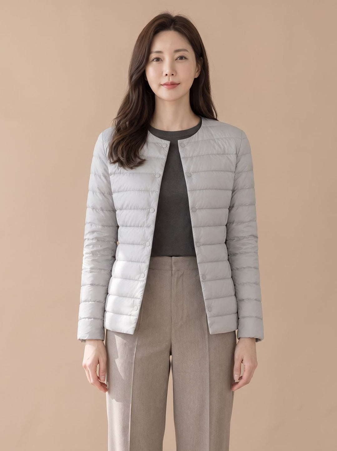 Elegante Dames Winterjas Gestikt Slim-Fit in Lichtgrijs