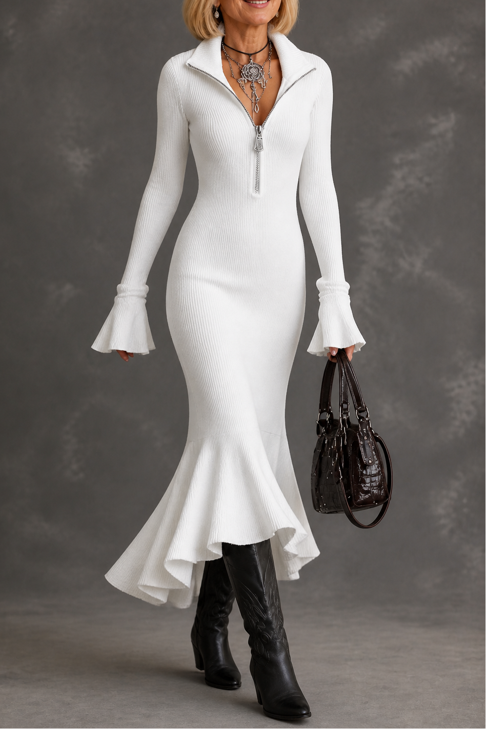 Elegante glitter feestjurk met wijde mouwen in White (Almost sold out)