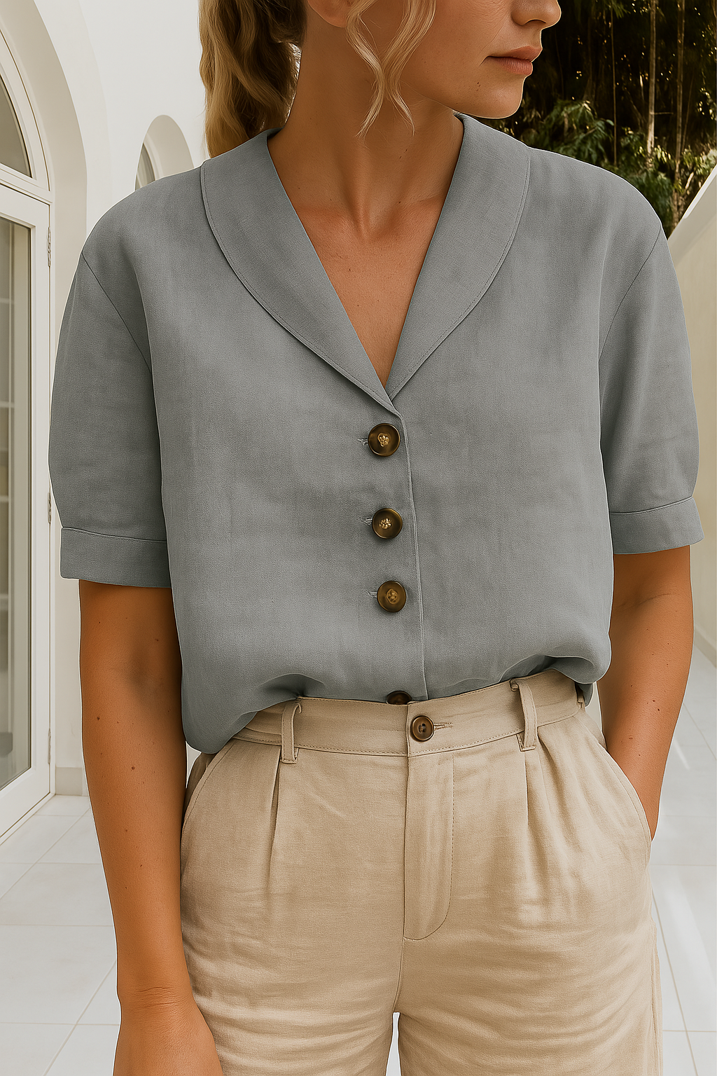 Elegante Linnen Blouse voor Dames in Grijs