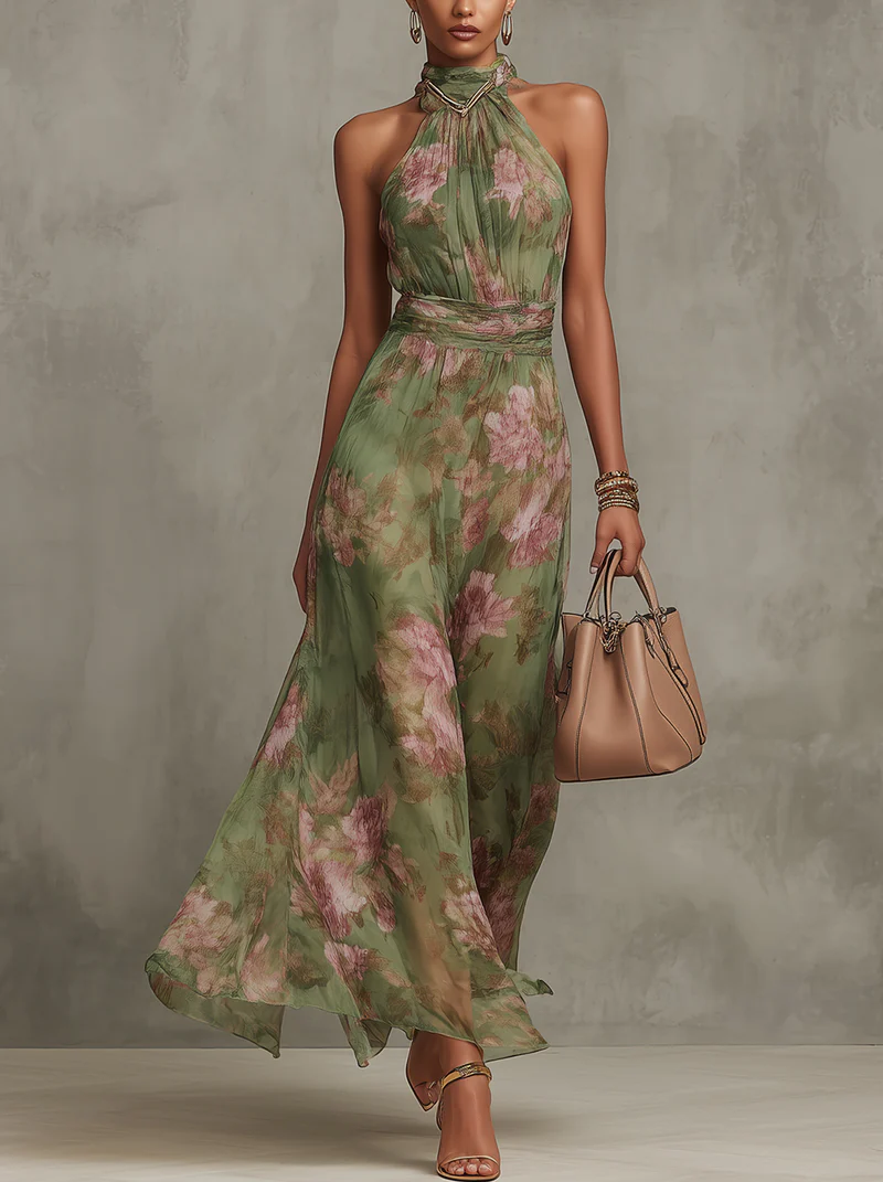 Elegante linnen jurk met bloemenprint voor de zomer in Grüner Blumenprint 1