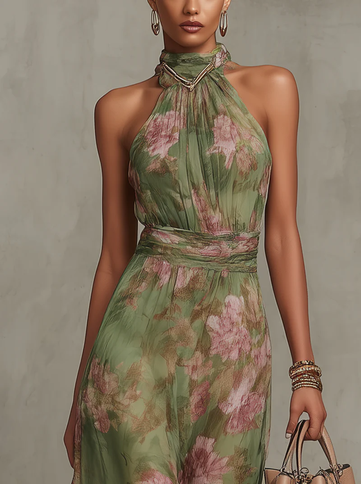 Elegante linnen jurk met bloemenprint voor de zomer in Grüner Blumenprint 3