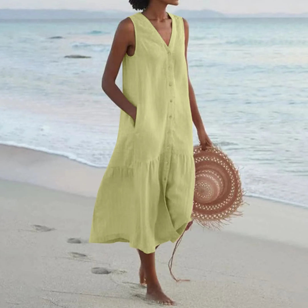 Elegante linnen jurk met V-hals in Groen