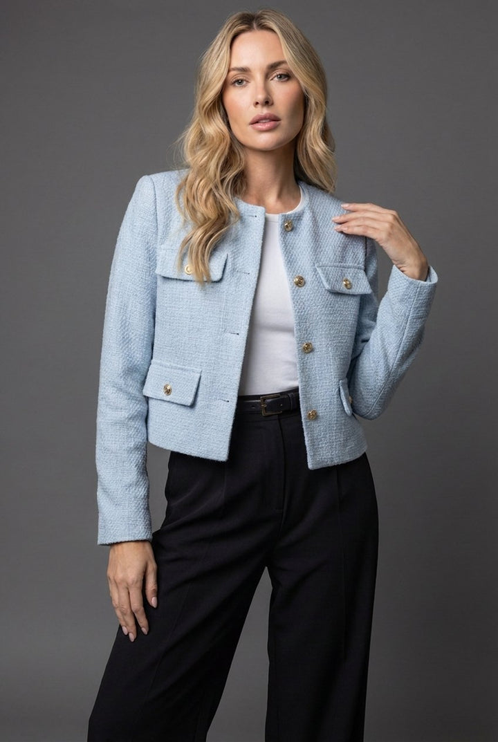 Elegante winterjas dames in tweed in Lichtblauw