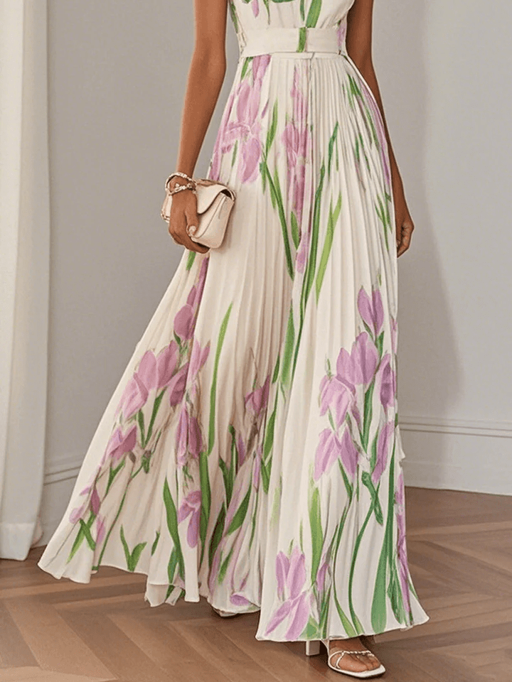 Geplooide Chiffon Maxi Trouwgastjurk met Opvallende Zomerse Tulipenmotief (2)