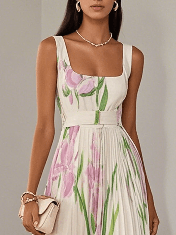 Geplooide Chiffon Maxi Trouwgastjurk met Opvallende Zomerse Tulipenmotief (3)