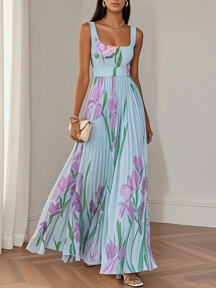 Geplooide Chiffon Maxi Trouwgastjurk met Opvallende Zomerse Tulipenmotief in Blauw