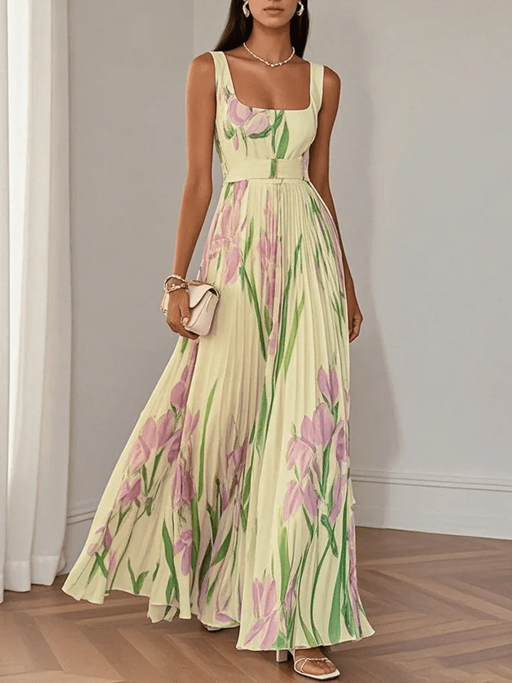 Geplooide Chiffon Maxi Trouwgastjurk met Opvallende Zomerse Tulipenmotief in Geel