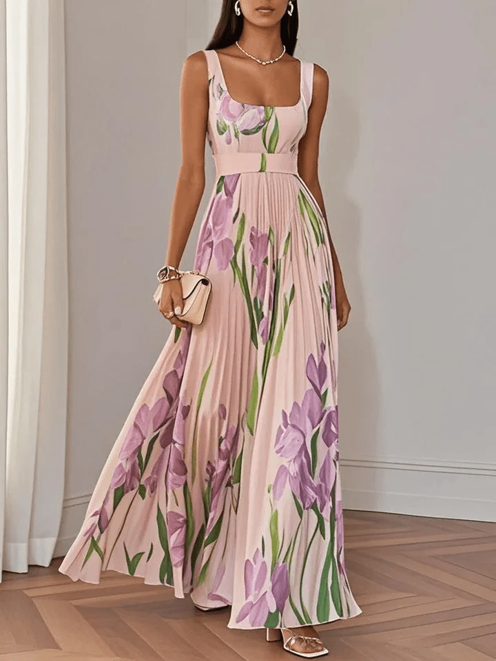 Geplooide Chiffon Maxi Trouwgastjurk met Opvallende Zomerse Tulipenmotief in Roze