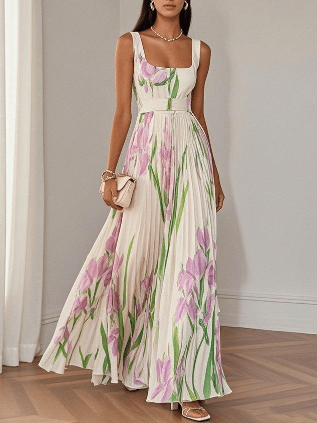 Geplooide Chiffon Maxi Trouwgastjurk met Opvallende Zomerse Tulipenmotief in Wit