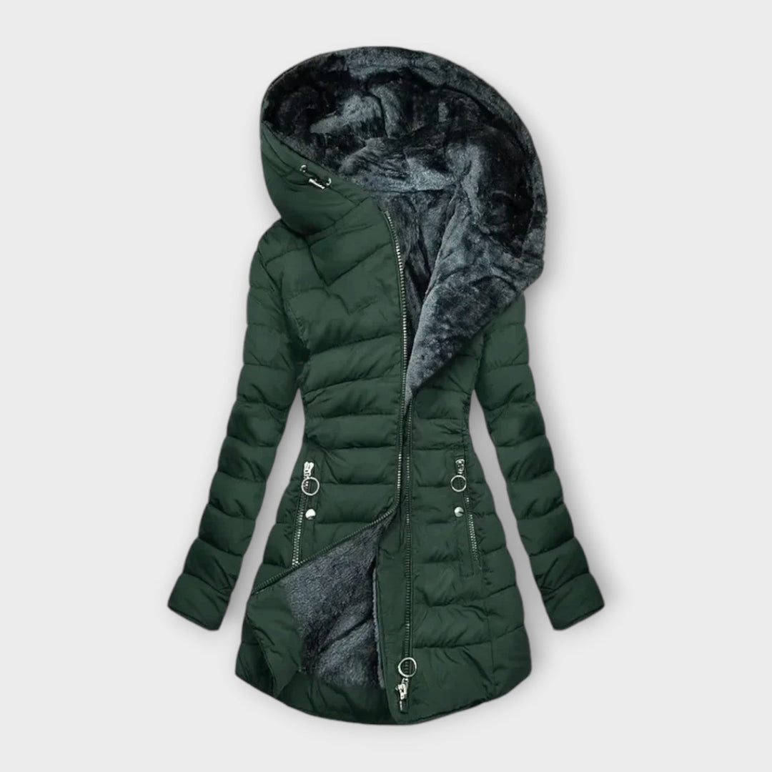 Gestepte Winterjas Dames met Oversized Capuchon in Donkergroen