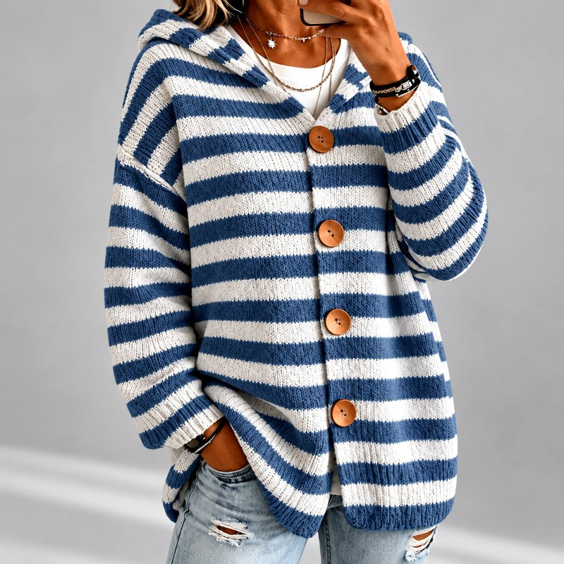 Gestreepte Oversized Coltrui Dames met Capuchon in Blauw