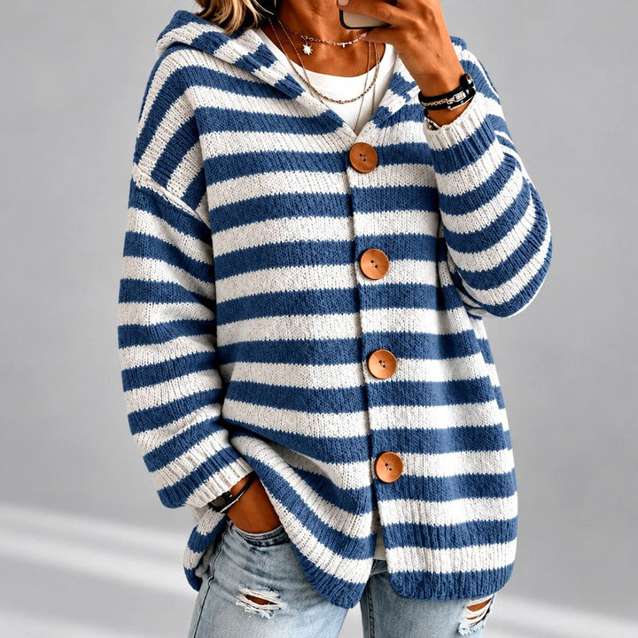 Gestreepte Oversized Coltrui Dames met Capuchon in Blauw