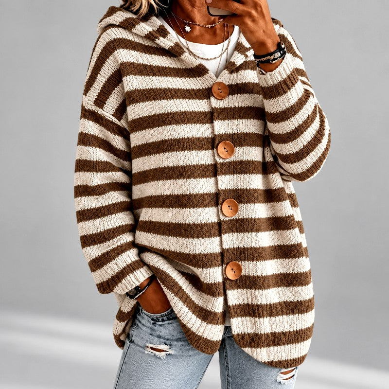 Gestreepte Oversized Coltrui Dames met Capuchon in Bruin