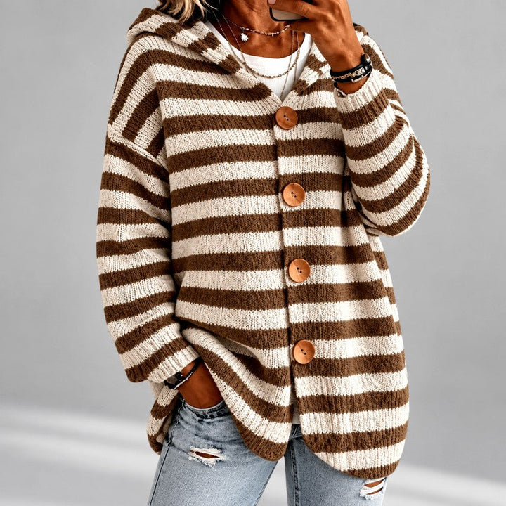 Gestreepte Oversized Coltrui Dames met Capuchon in Bruin