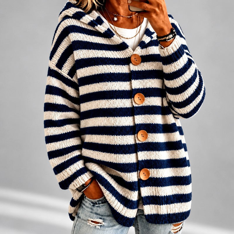Gestreepte Oversized Coltrui Dames met Capuchon in Marineblauw
