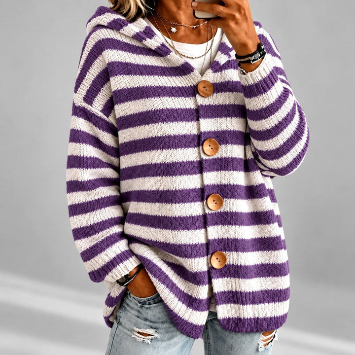 Gestreepte Oversized Coltrui Dames met Capuchon in Paars