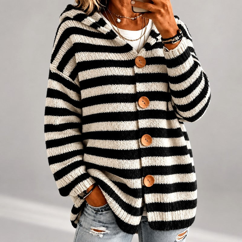 Gestreepte Oversized Coltrui Dames met Capuchon in Zwart