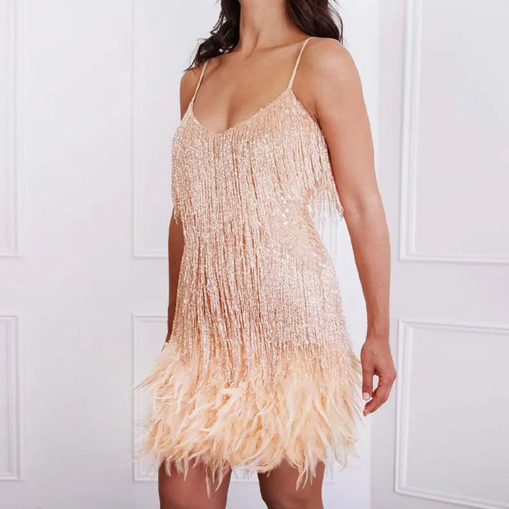 Glitter Feestjurk Met Franje Pailletten in Beige