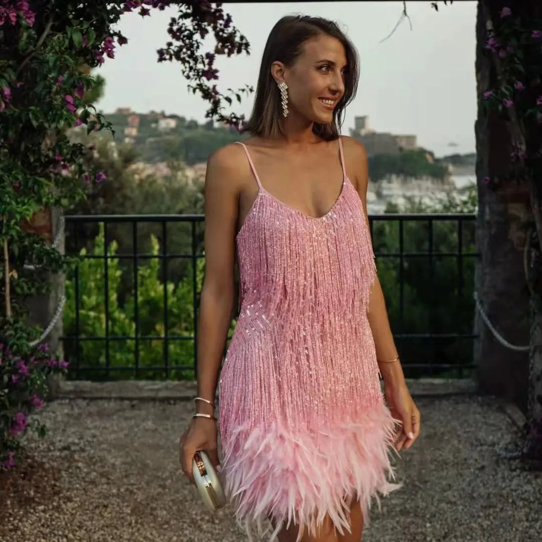 Glitter Feestjurk Met Franje Pailletten in Lichtroze