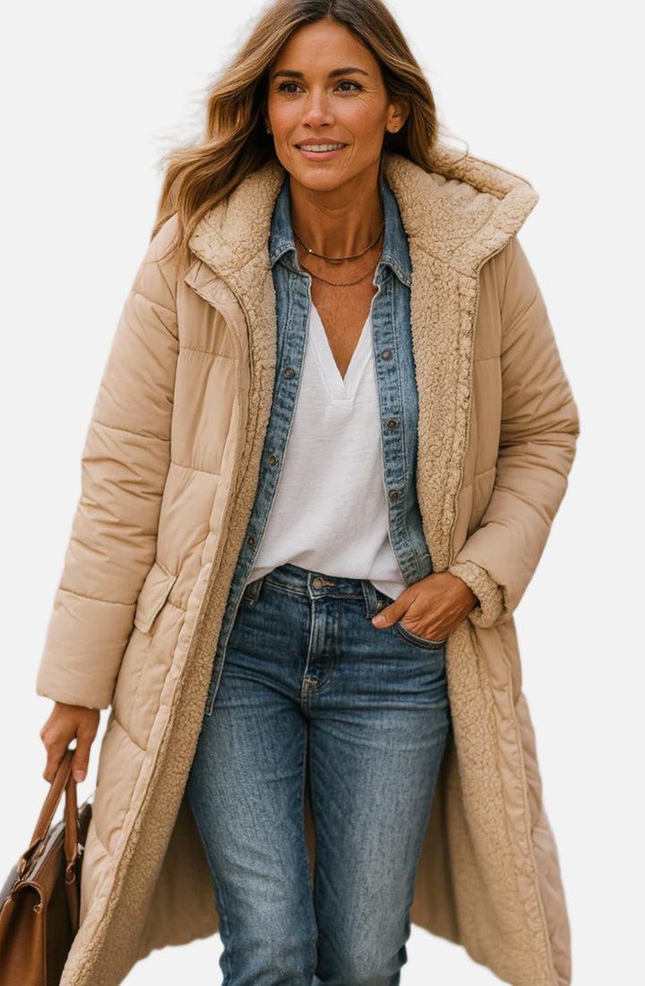 Lange dames winterjas gesteppt teddy voering in Beige