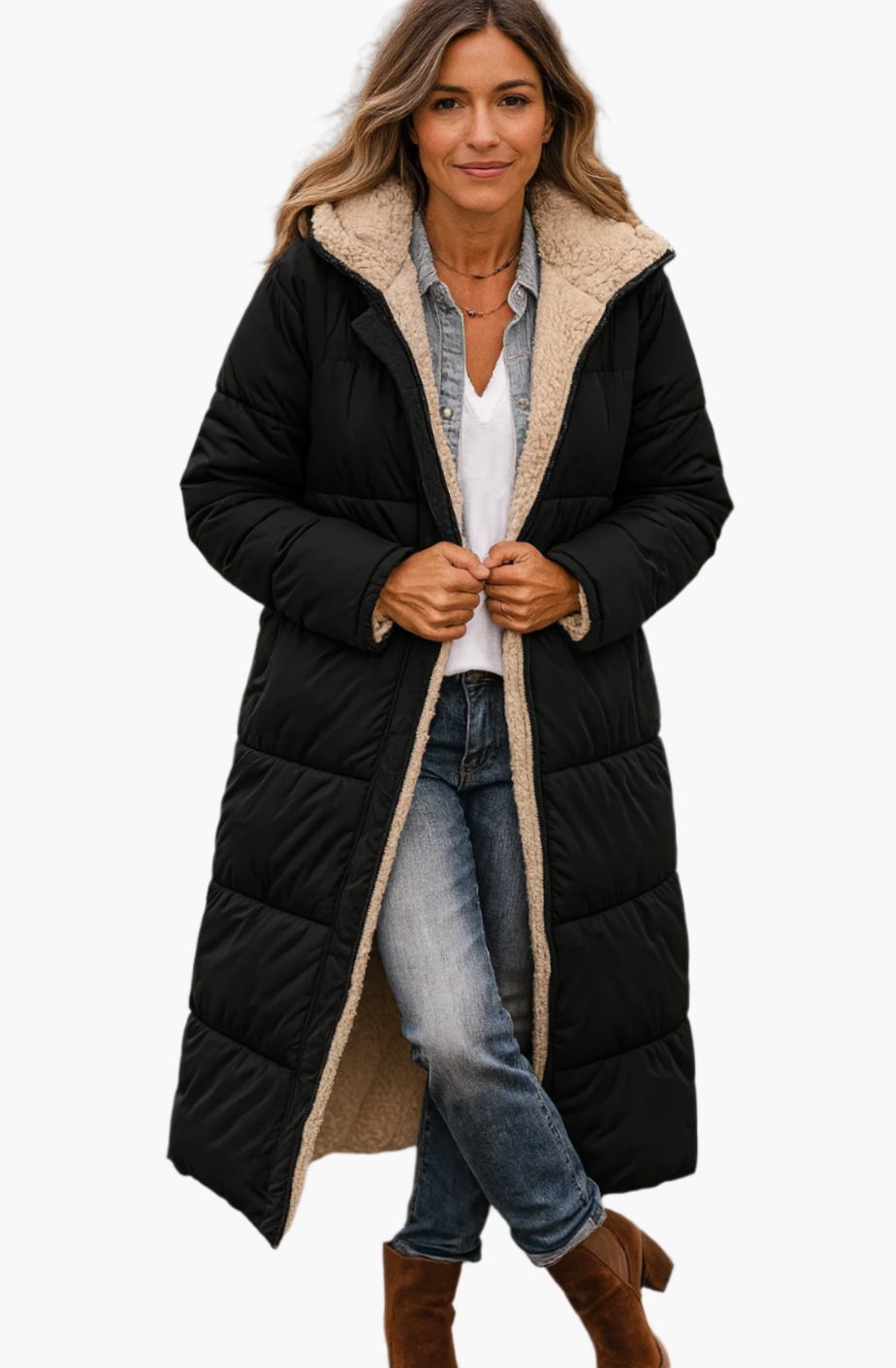 Lange dames winterjas gesteppt teddy voering in Zwart