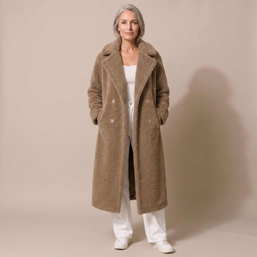 Lange Dames Winterjas in Teddy-Fleece in Bruin