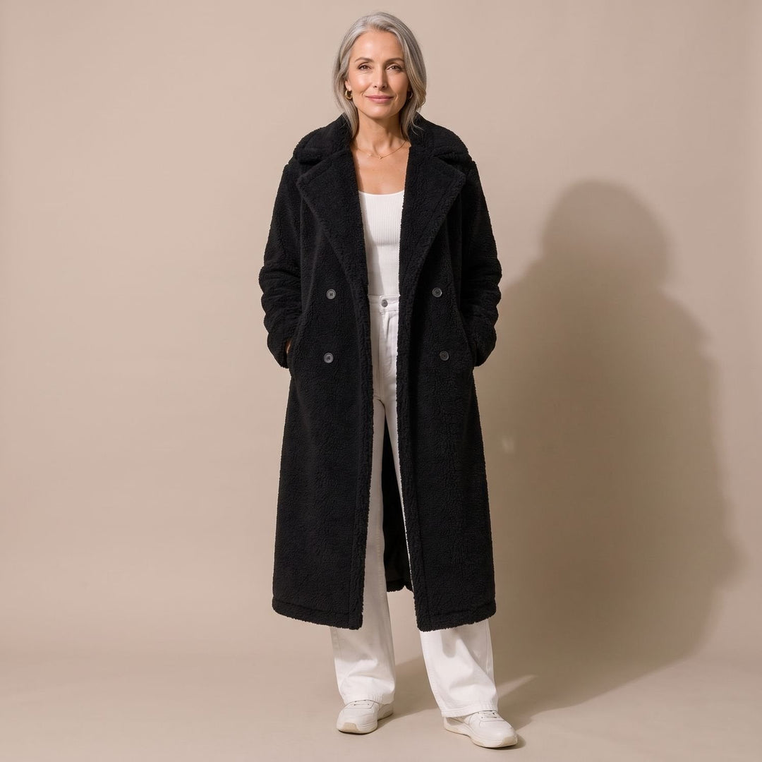 Lange Dames Winterjas in Teddy-Fleece in Zwart