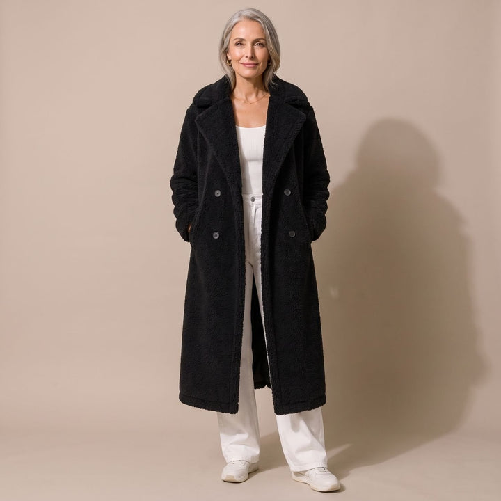 Lange Dames Winterjas in Teddy-Fleece in Zwart