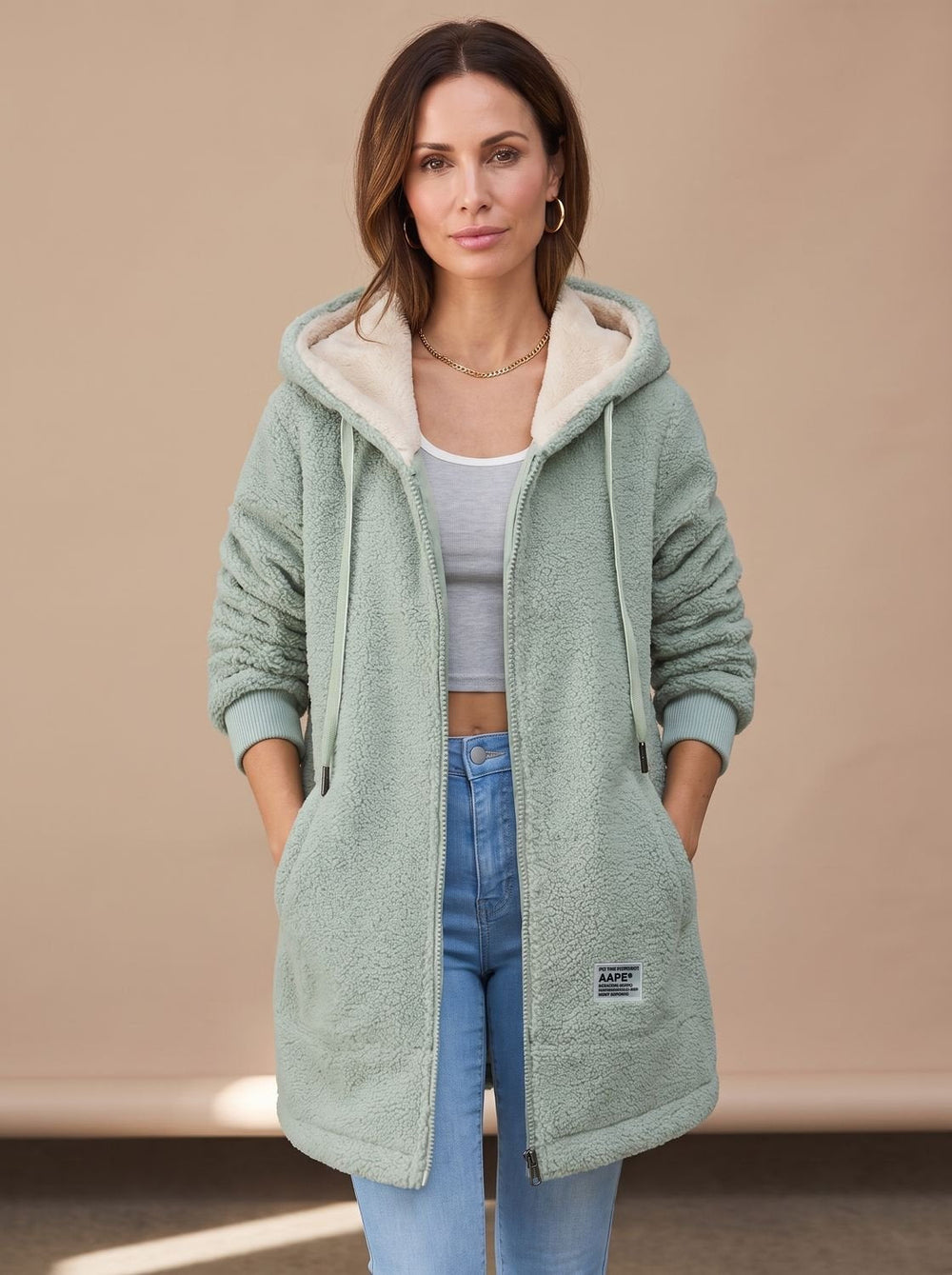 Lange Dames Winterjas met Teddyfleece in Groen