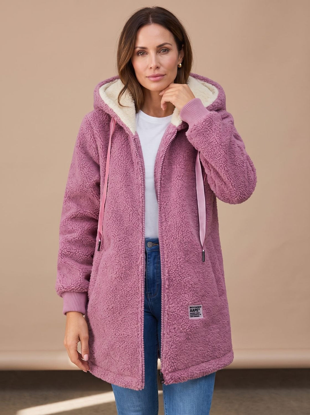 Lange Dames Winterjas met Teddyfleece in Roze