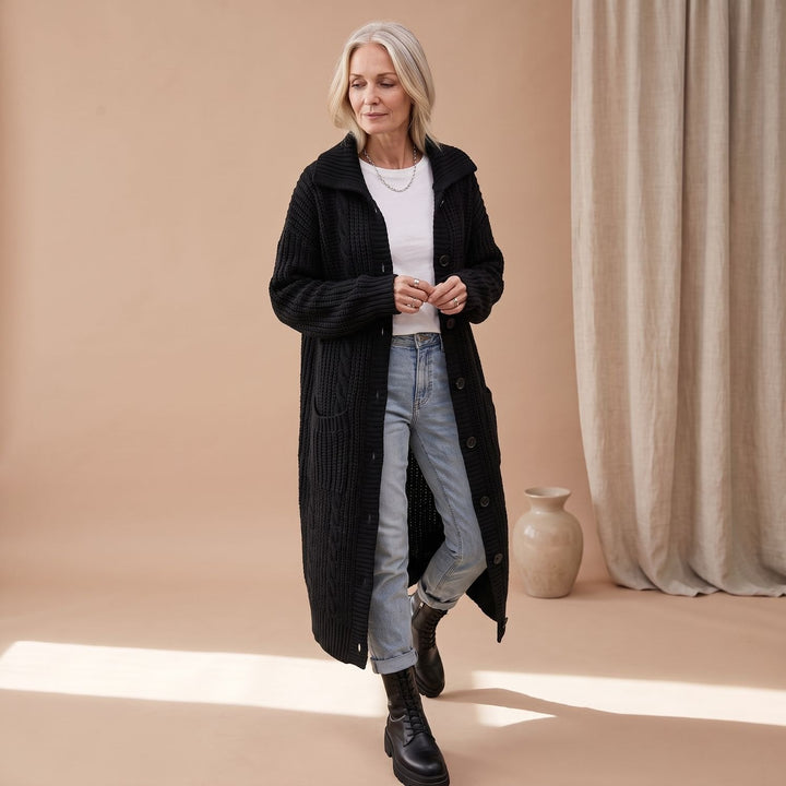 Lange grofbreien oversized coltrui dames in Zwart
