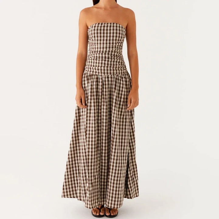 Luchtige midi jurk dames voor feesten in Brown Checkered