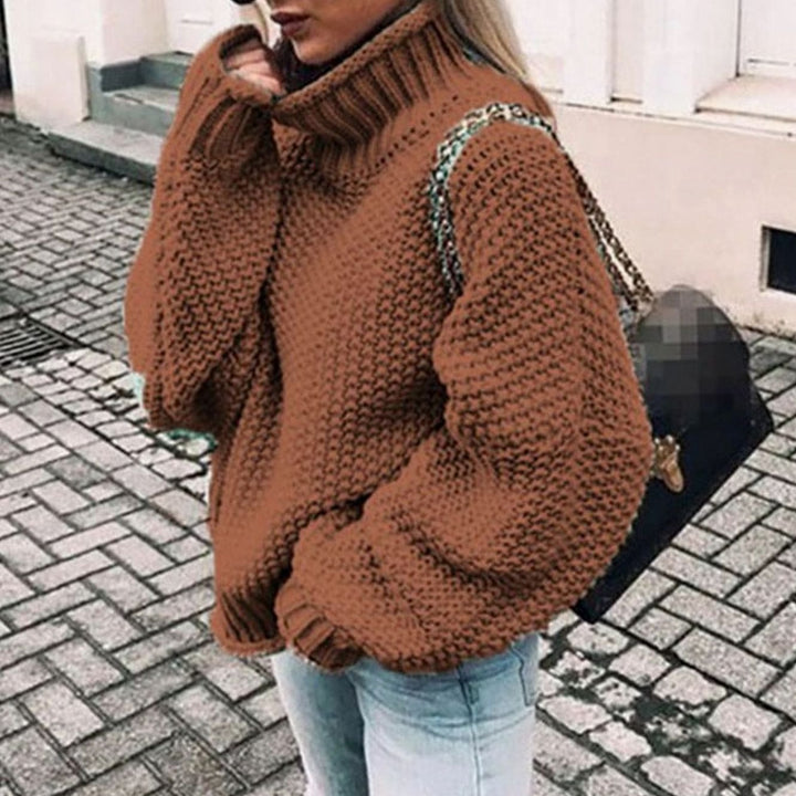 Oversized Dames Trui in Grobstrick met Rolkraag in Bruin
