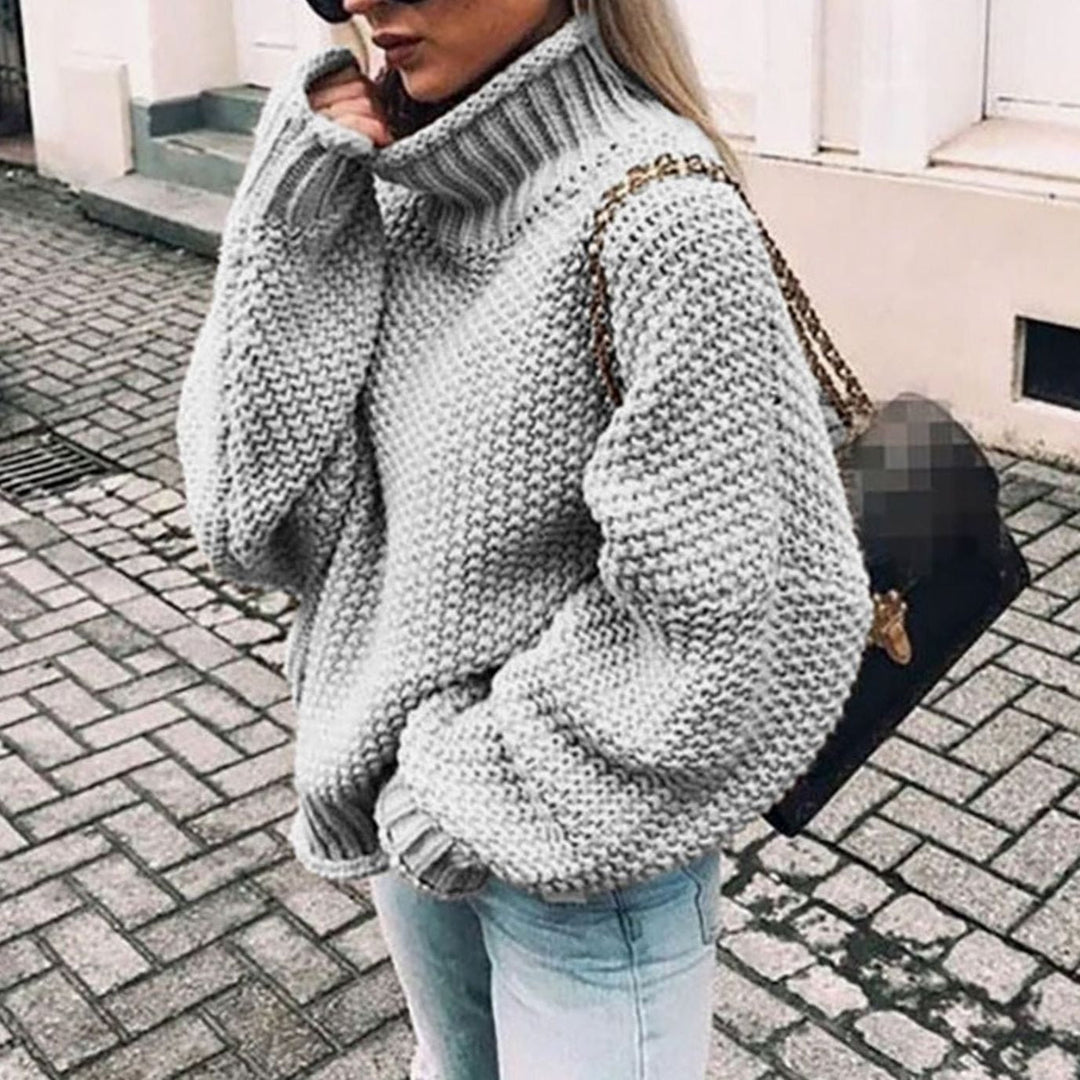 Oversized Dames Trui in Grobstrick met Rolkraag in Grijs