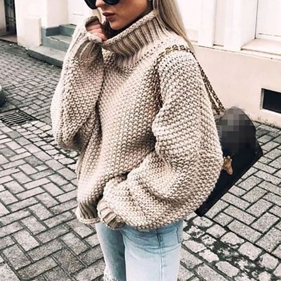 Oversized Dames Trui in Grobstrick met Rolkraag in Khaki