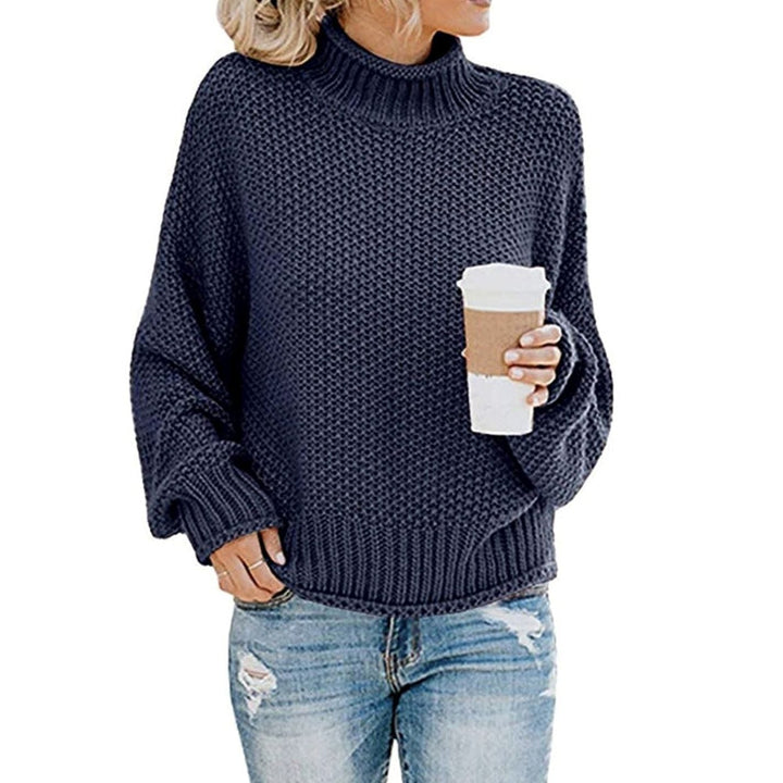 Oversized Dames Trui in Grobstrick met Rolkraag in Marineblauw
