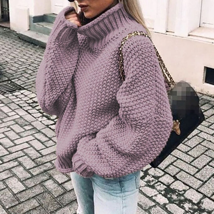 Oversized Dames Trui in Grobstrick met Rolkraag in Paars