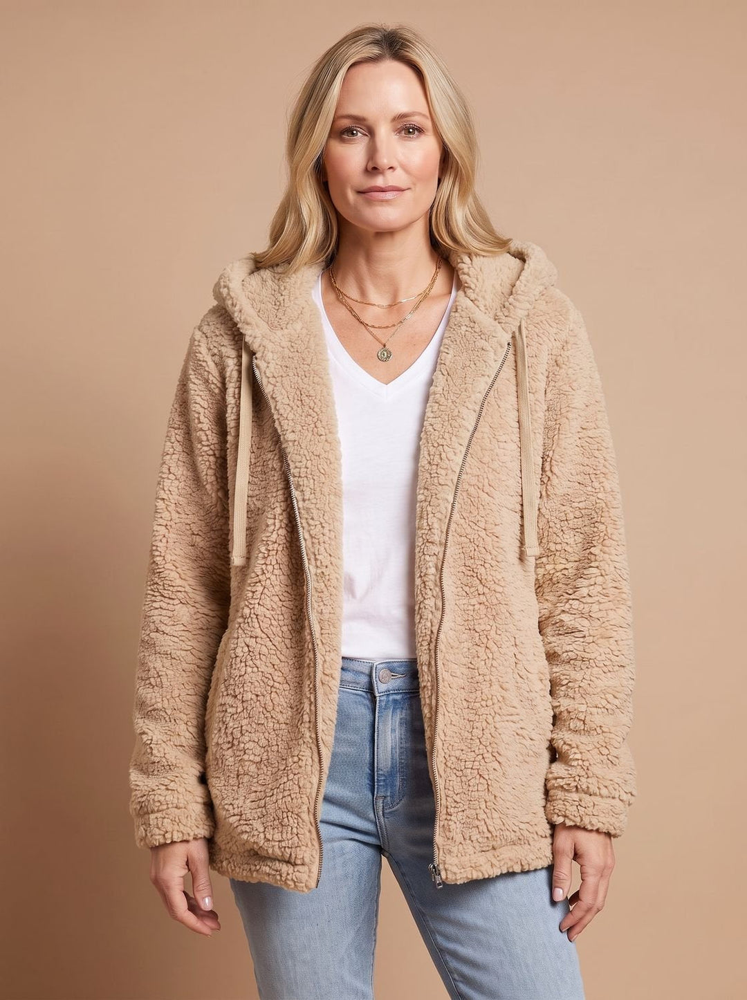 Oversized dames winterjas in pluche fleece in Beige