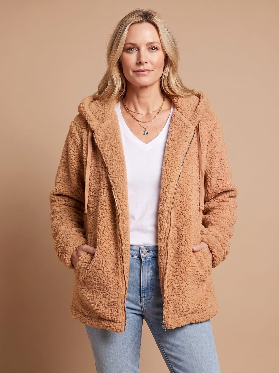 Oversized dames winterjas in pluche fleece in Cappuccino