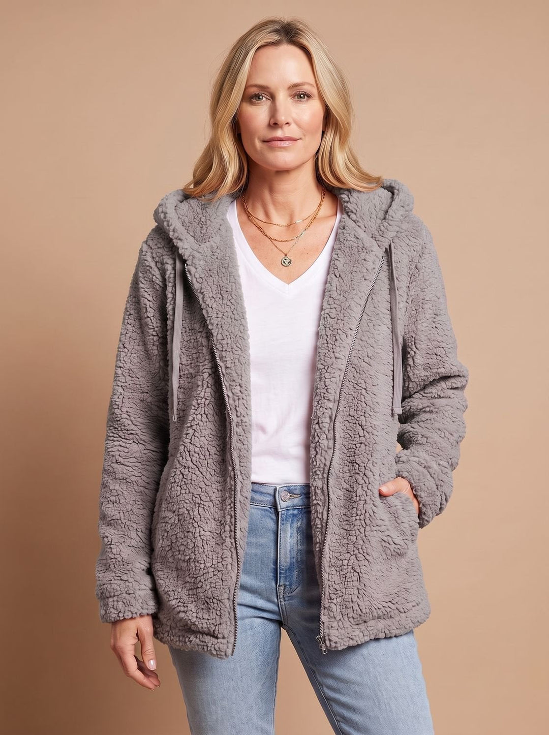 Oversized dames winterjas in pluche fleece in Donkergrijs