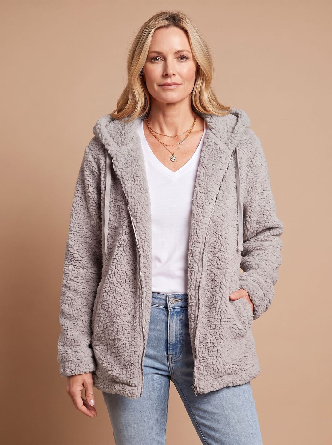 Oversized dames winterjas in pluche fleece in Lichtgrijs