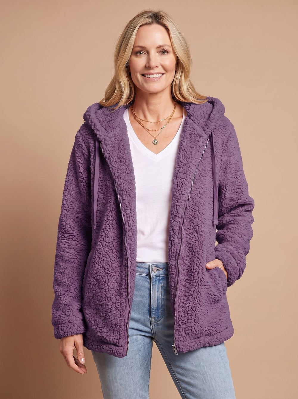 Oversized dames winterjas in pluche fleece in Paars