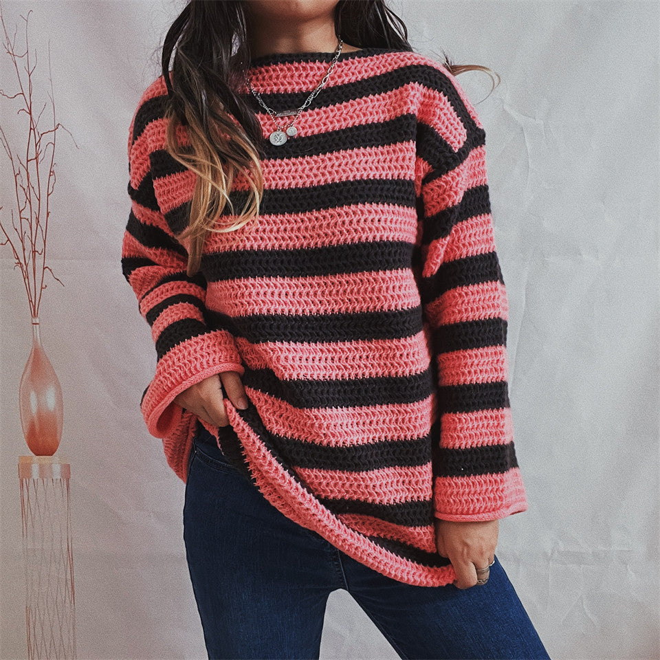 Trui dames oversized met strepen voor herfst in Roze