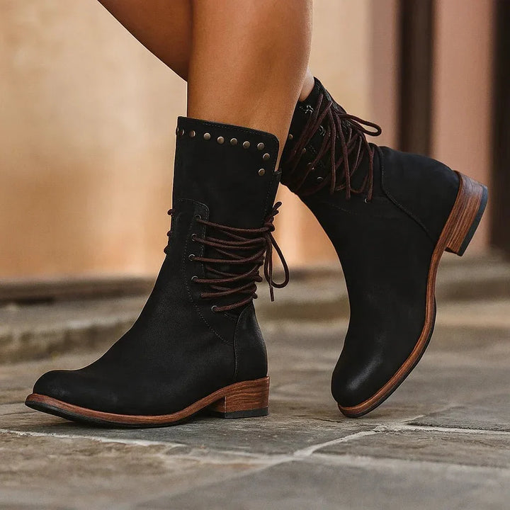 Vintage Laarzen Dames van Leer met Studs in Zwart