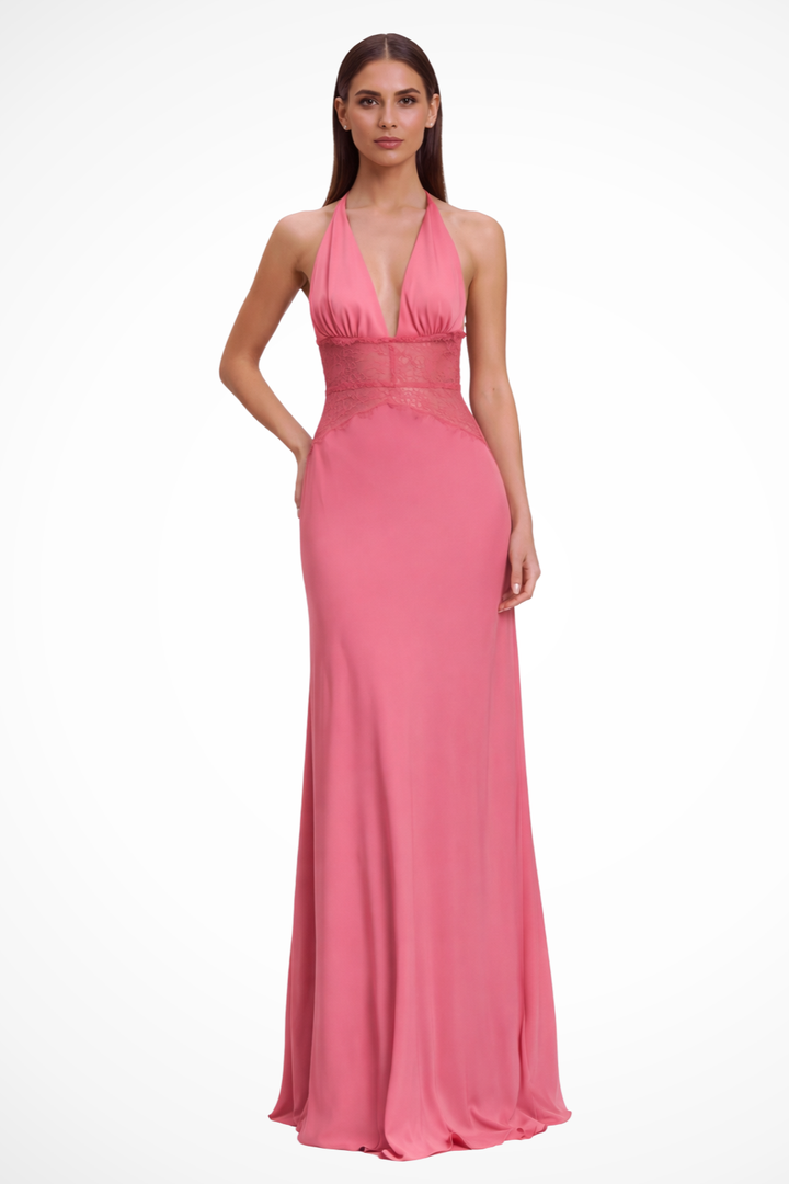 Vrouwen Open-Rug Maxi Jurk Bruiloftsgast in Roze