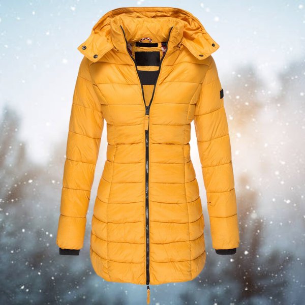 Warme dames winterjas met capuchon in Geel