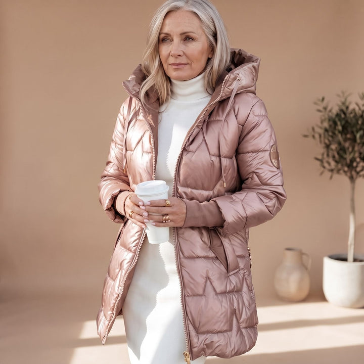 Warme gesteppte winterjas dames midilänge in Roze
