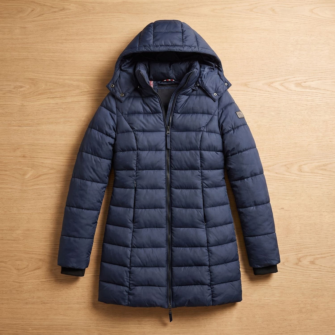 Winterjas dames gequilteerd midi met afneembare kap (2)