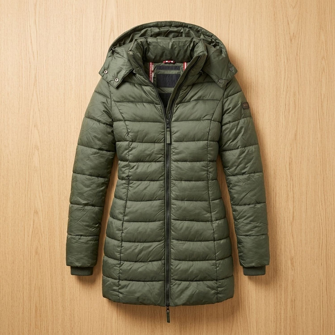Winterjas dames gequilteerd midi met afneembare kap (4)